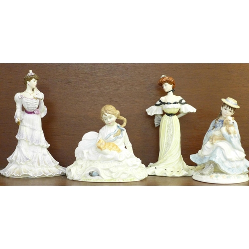 604 - A Royal Worcester figure, Safe at Last and three Coalport figures