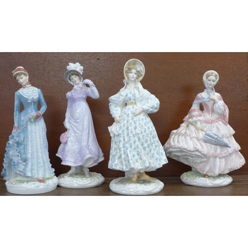 612 - Four Royal Worcester figures, Walking-Out Dresses of the 19th Century