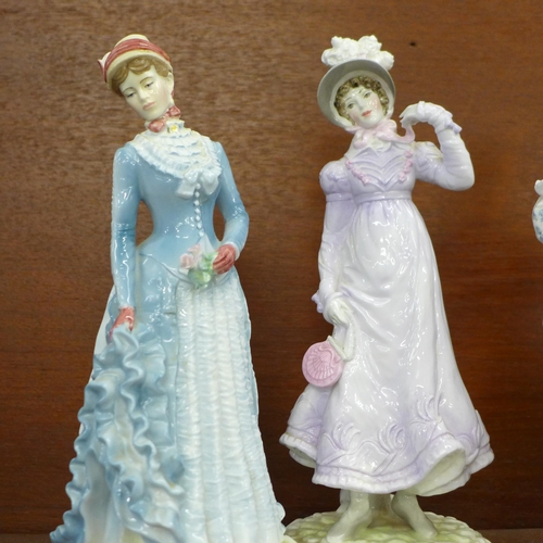 612 - Four Royal Worcester figures, Walking-Out Dresses of the 19th Century