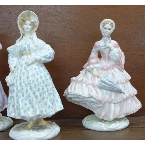 612 - Four Royal Worcester figures, Walking-Out Dresses of the 19th Century