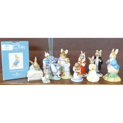 620 - Seven Royal Doulton Bunnykins figures, three Border Fine Arts Peter Rabbit figures, one boxed and a ... 