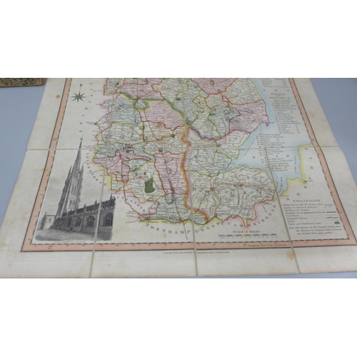 628 - An early 19th Century hand coloured map of Lincoln/Lincolnshire and a compass