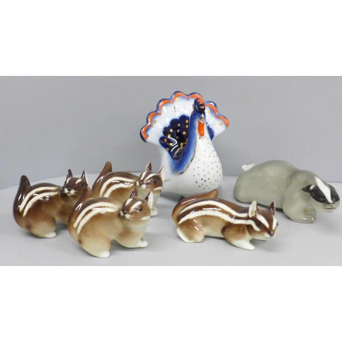 648 - A collection of USSR porcelain animal figures including chipmunks and badger