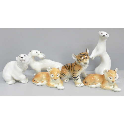 657 - A collection of six USSR porcelain animal figures including polar bear, tiger cub and lion cub, one ... 