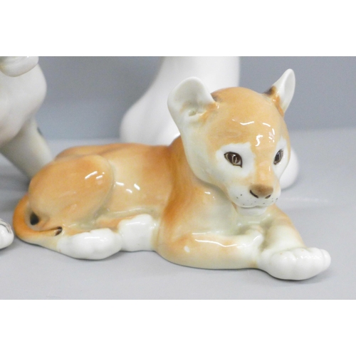 657 - A collection of six USSR porcelain animal figures including polar bear, tiger cub and lion cub, one ... 