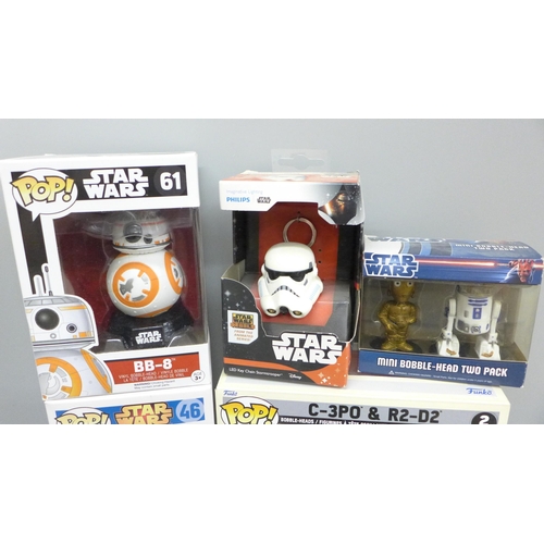 659 - Star Wars, 3x Pop!, LED keychain Stormtrooper and Mini Bobble-Head two pack and an Episode V limited... 