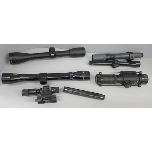 705 - A collection of rifle scopes including Tasco 4 x32, Beeman 552, 4 x 21, AGS 4 x 40, etc. (4)