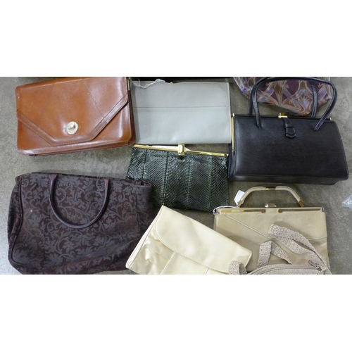 709 - A box of vintage handbags and clutch bags including Liberty shopping bag