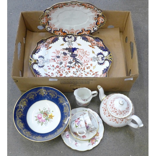 721 - A box of decorative china including a large Royal Crown Derby King's pattern tray and Coalport, teap... 