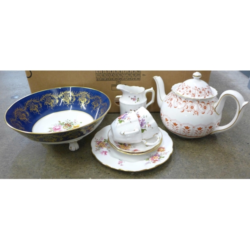 721 - A box of decorative china including a large Royal Crown Derby King's pattern tray and Coalport, teap... 