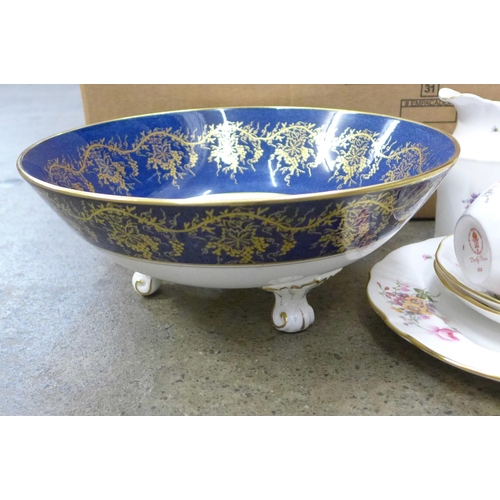 721 - A box of decorative china including a large Royal Crown Derby King's pattern tray and Coalport, teap... 