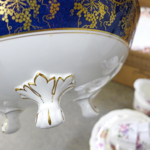 721 - A box of decorative china including a large Royal Crown Derby King's pattern tray and Coalport, teap... 