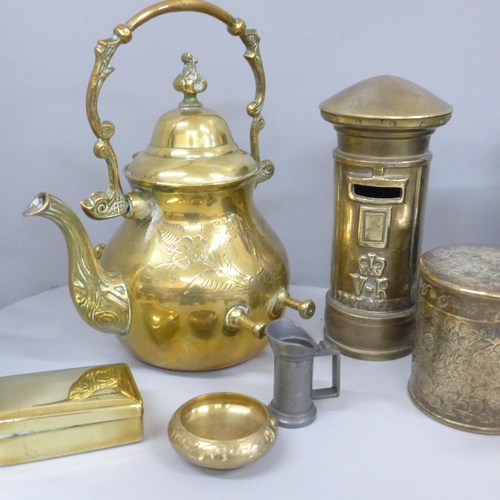 729 - Metalwares including a brass post box money bank, brass box, pewter ,etc.