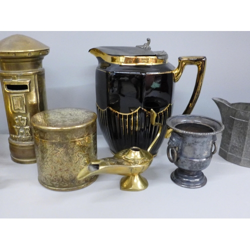 729 - Metalwares including a brass post box money bank, brass box, pewter ,etc.