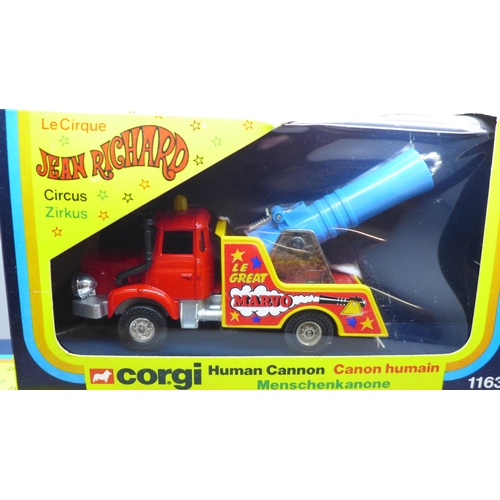 736 - Two Corgi Jean Richard circus vehicles, 30 Land Rover and Animal Trainer and 1163 Human Cannon, boxe... 