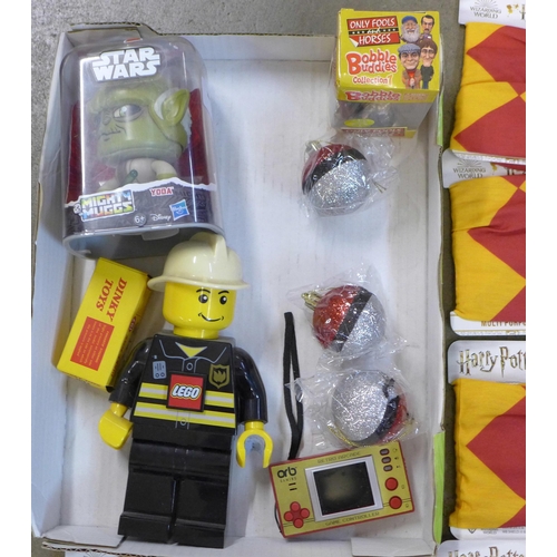 740 - Toys; Lego figure torch, Star Wars Yoda Mighty Muggs, Del Boy Bobble Head, Retro Arcade Game, Harry ... 