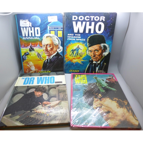 746 - Four Doctor Who annuals including the first annual and a 1966 Doctor Who And The Invasion From Space