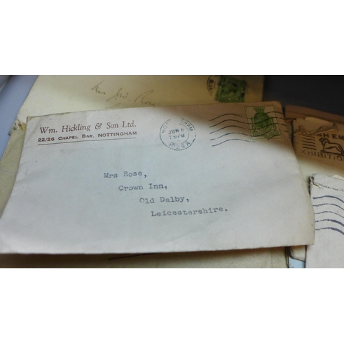 749 - A box of correspondence to Mrs J. Rose, Crown Inn, Old Dalby, 1920s/30s