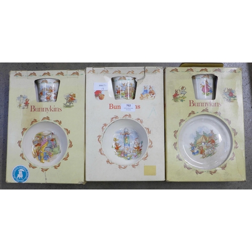 762 - Three Royal Doulton Bunnykins childrens sets; bowl, plate and mug