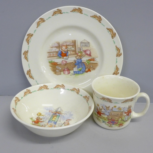 762 - Three Royal Doulton Bunnykins childrens sets; bowl, plate and mug