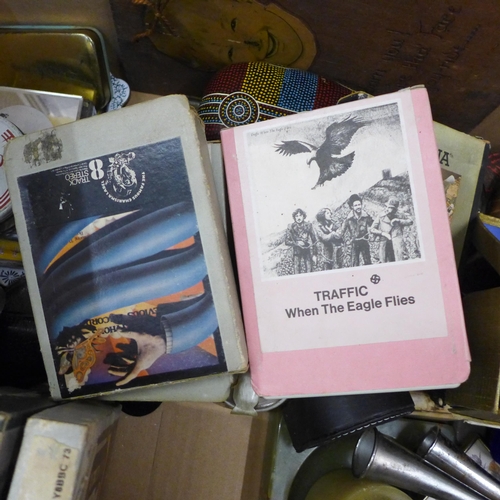 779 - Assorted items including 8 track stereo tapes, Crosby Stills Nash, T Rex, Traffic, etc., a box of pi... 