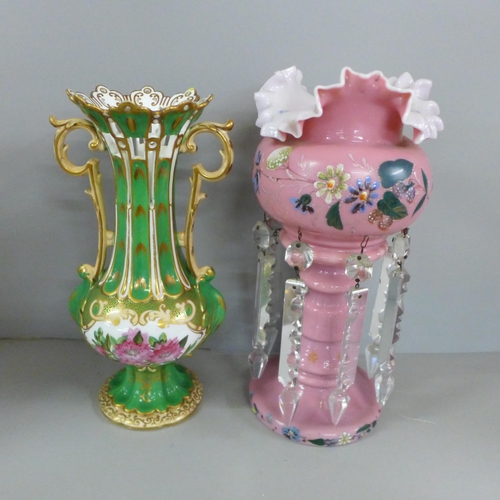 782 - A pink opaque glass lustre and a porcelain vase