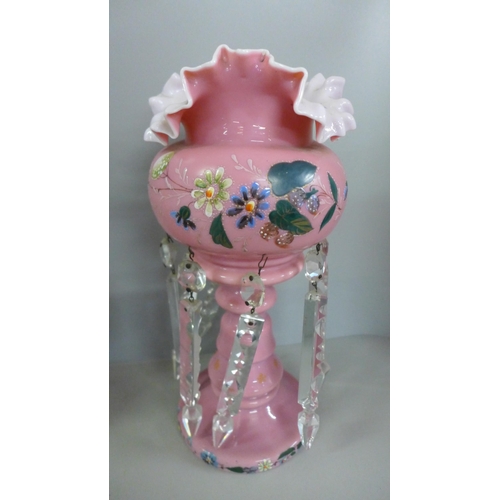 782 - A pink opaque glass lustre and a porcelain vase