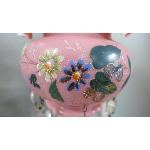 782 - A pink opaque glass lustre and a porcelain vase