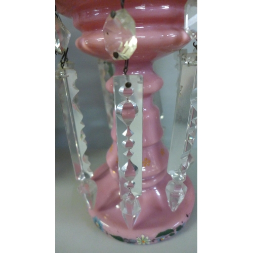 782 - A pink opaque glass lustre and a porcelain vase