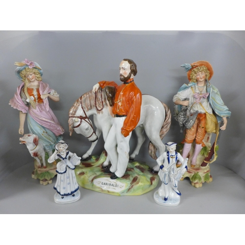 789 - A Garibaldi figure, a/f, a pair of continental bisque figures, male a/f and two others