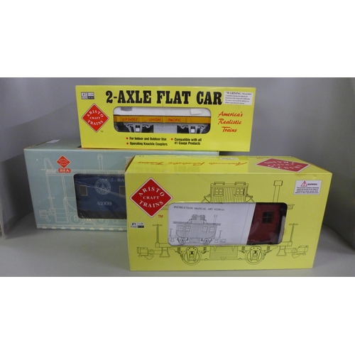 793 - G-Scale model rail, Aristo Craft 2-axle flat car, Bobber Caboose and Railway Express Agency, The Cab... 