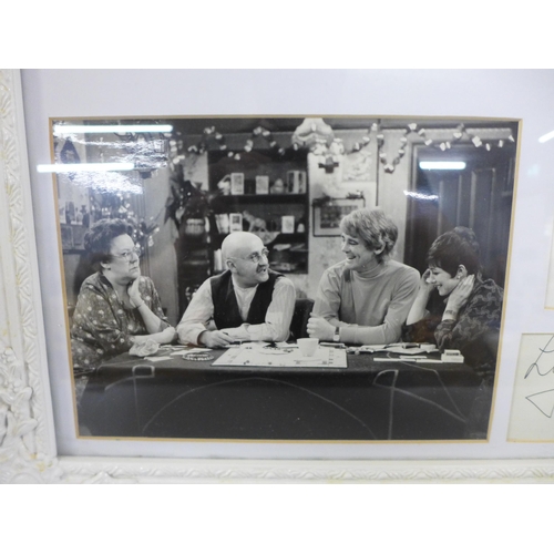 797 - Two framed mounted displays, signed, Rising Damp Leonard Rossiter and Don Warrington and four Till D... 