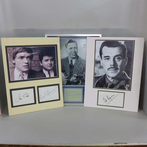 798 - Three celebrity mounted displays, George Formby, The Likely Lads and Dirk Bogarde, all signed, no CO... 