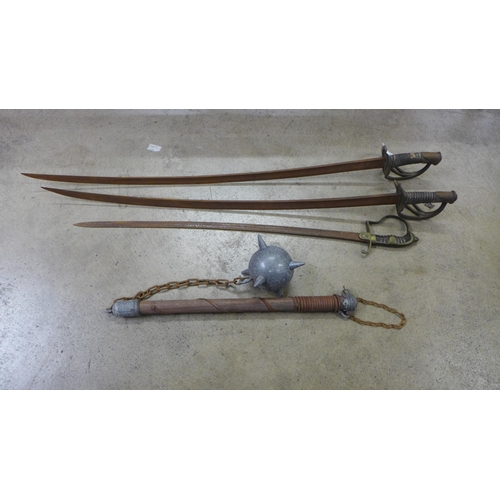 803 - Three cavalry swords, rusted condition and a mace