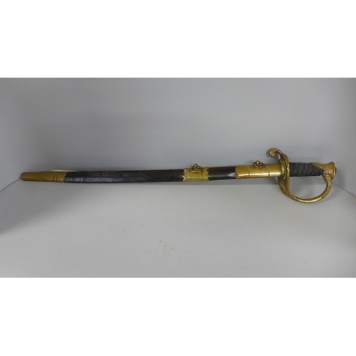 804 - A short sword with scabbard, the blade marked Bernard Dawson