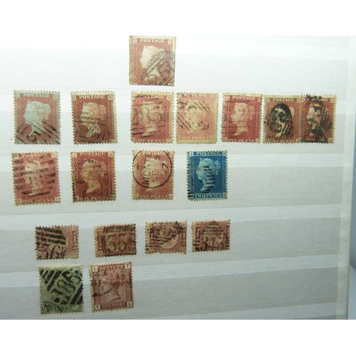 813 - Stamps; two stock cards with one Penny Black, two Two Pence Blues, eleven Penny Reds, other Victoria... 