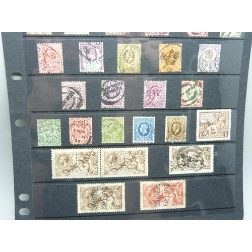 814 - Stamps; a stock sheet of early Great Britain perfins