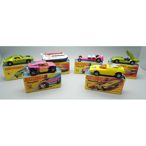 823 - Six Matchbox Superfast die-cast model vehicles, 1, 9, 30, 52, 64, 72