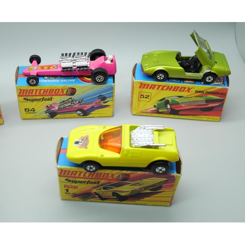 823 - Six Matchbox Superfast die-cast model vehicles, 1, 9, 30, 52, 64, 72