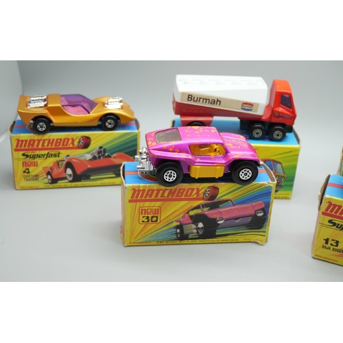 824 - Six Matchbox Superfast die-cast model vehicles, 4, 13, 23, 30, 63, 72