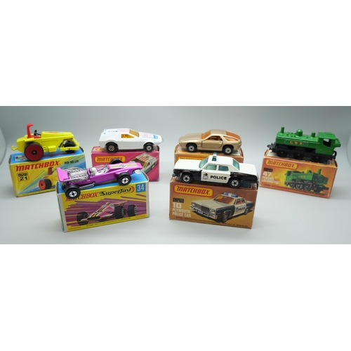 825 - Six Matchbox Superfast die-cast model vehicles, 10, 21, 34, 47, 53, 59