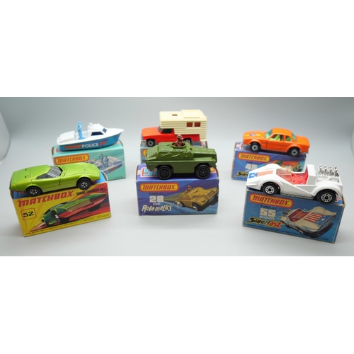 826 - Six Matchbox Superfast die-cast model vehicles, 28, 38, 45, 52, 52, 55