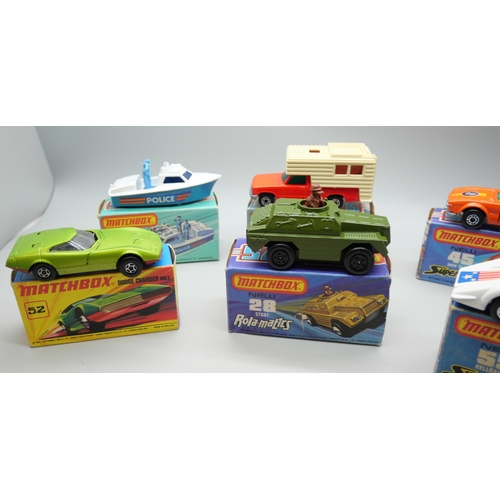 826 - Six Matchbox Superfast die-cast model vehicles, 28, 38, 45, 52, 52, 55