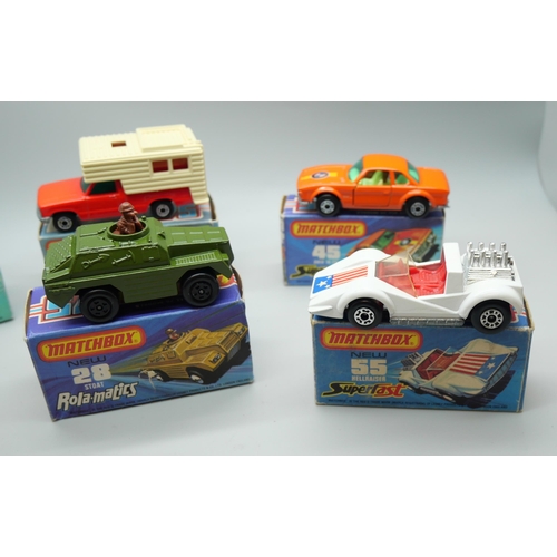 826 - Six Matchbox Superfast die-cast model vehicles, 28, 38, 45, 52, 52, 55