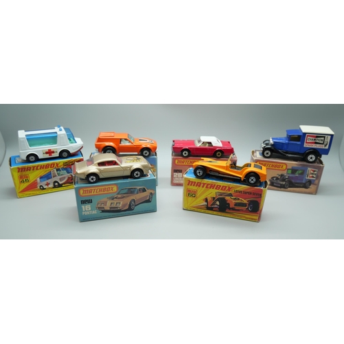 828 - Six Matchbox Superfast die-cast model vehicles, 16, 28, 34, 38, 46, 60