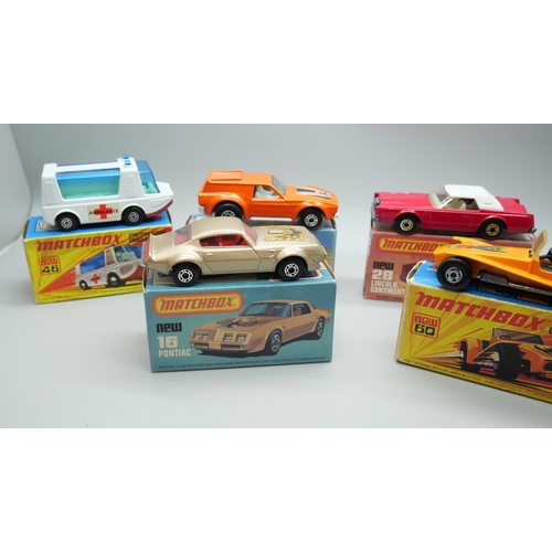 828 - Six Matchbox Superfast die-cast model vehicles, 16, 28, 34, 38, 46, 60