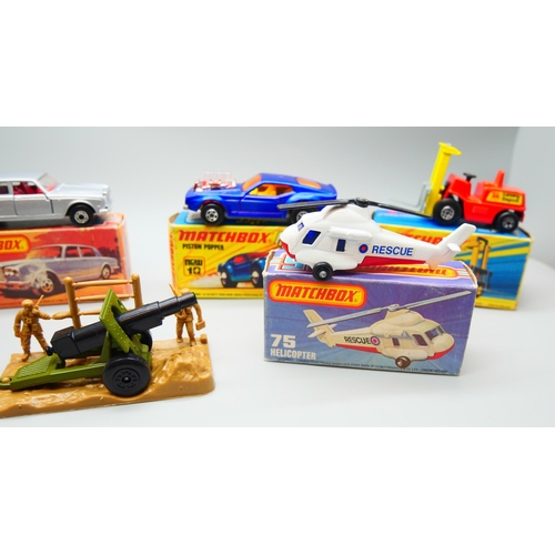 829 - Six Matchbox Superfast die-cast model vehicles, 10, 15, 32, 39, 54, 75