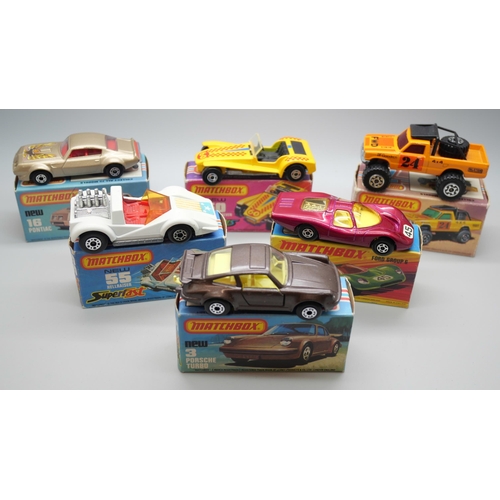 833 - Six Matchbox Superfast die-cast model vehicles, 3, 16, 45, 55, 60, 63