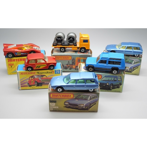 834 - Six Matchbox Superfast die-cast model vehicles, 7, 12, 12, 26, 29, 37