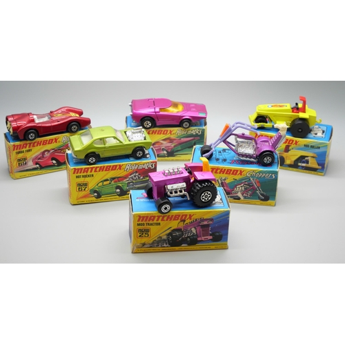 835 - Six Matchbox Superfast die-cast model vehicles, 21, 25, 38, 39, 67, 69